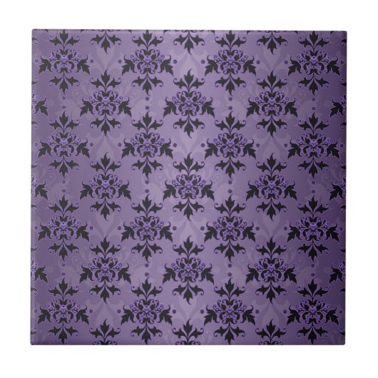 Amethyst Paars en Zwart Damast Tegeltje (Voorkant)