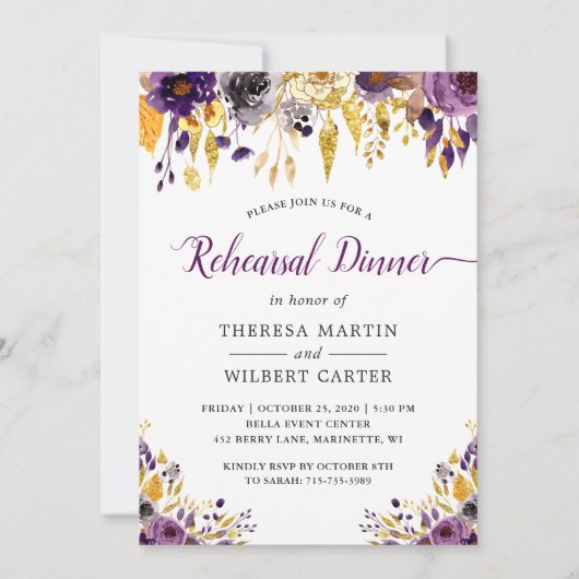 Amethyst Paars Gold Floral repesal Dinner Kaart (Voorkant)