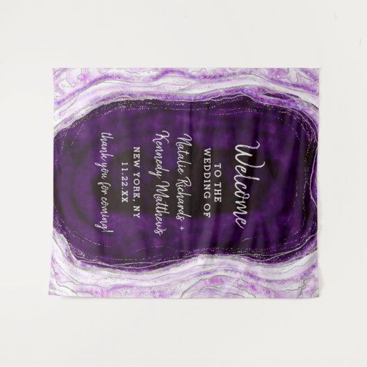 Amethyst Paars & Zilver Geode Trouw Welkom Wandkleed (Voorkant (horizontaal))