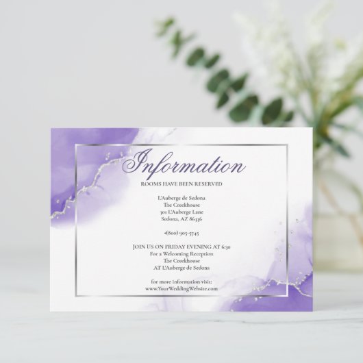 Amethyst Paarse Script Silver Information Kaart (Staand voorkant)