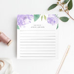 Amethyst Peony | Gepersonaliseerde leningen Notitieblok<br><div class="desc">Chic floral notitieblok heeft een bovenrand van de waterverf pony-bloemen in lavender paars met ooggroene bladeren. Personaliseer met twee lijnen van douanetekst in moderne letters; getoond met de Franse groet "bonjour" en jouw naam. Gelineerd.</div>