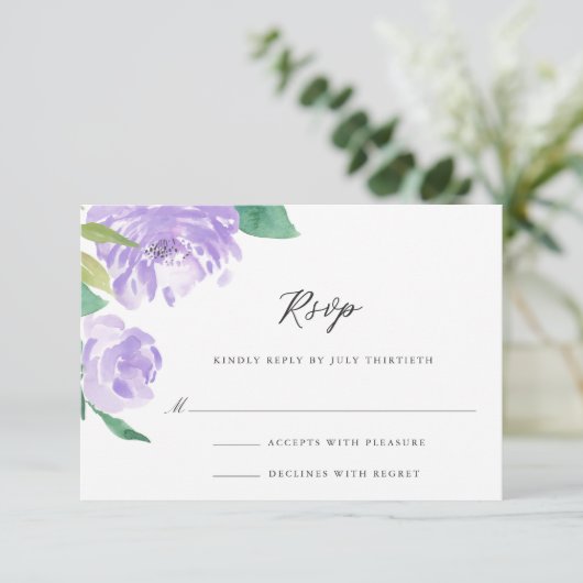 Amethyst Peony Wedding Mail-in RSVP Kaartje (Staand voorkant)