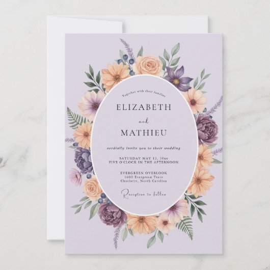 Amethyst Perzik Krans Bruiloft Kaart (Voorkant)