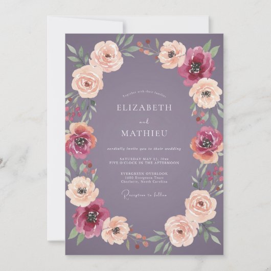 Amethyst Perzik Ranunculus Eucalyptus Bruiloft Kaart (Voorkant)