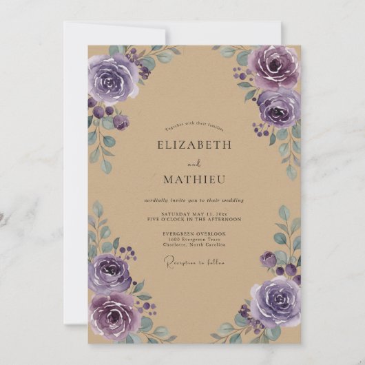 Amethyst Pioen Kraft Bruiloft Kaart (Voorkant)
