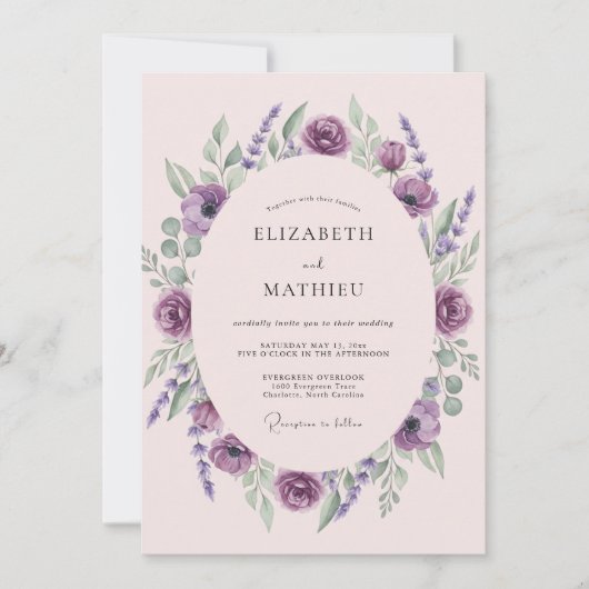 Amethyst Pruim Ranunculus Eucalyptus Bruiloft Kaart (Voorkant)