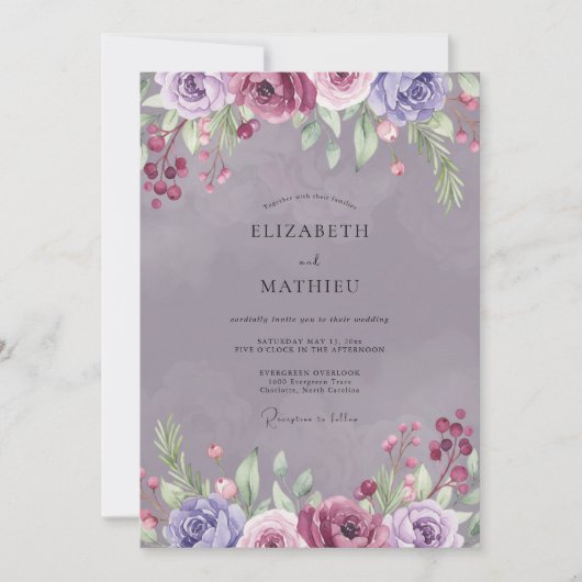 Amethyst Pruim Ranunculus Salie Bruiloft Kaart (Voorkant)