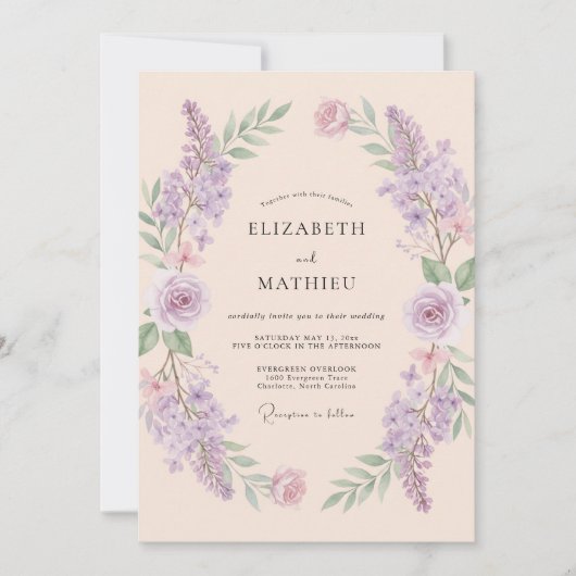 Amethyst Ridderspoor Champagne Eucalyptus Bruiloft Kaart (Voorkant)