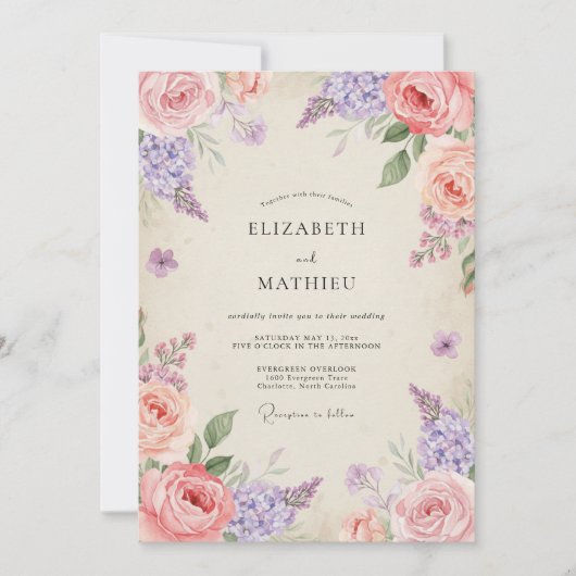 Amethyst Roze Bloem Bruiloft Kaart (Voorkant)