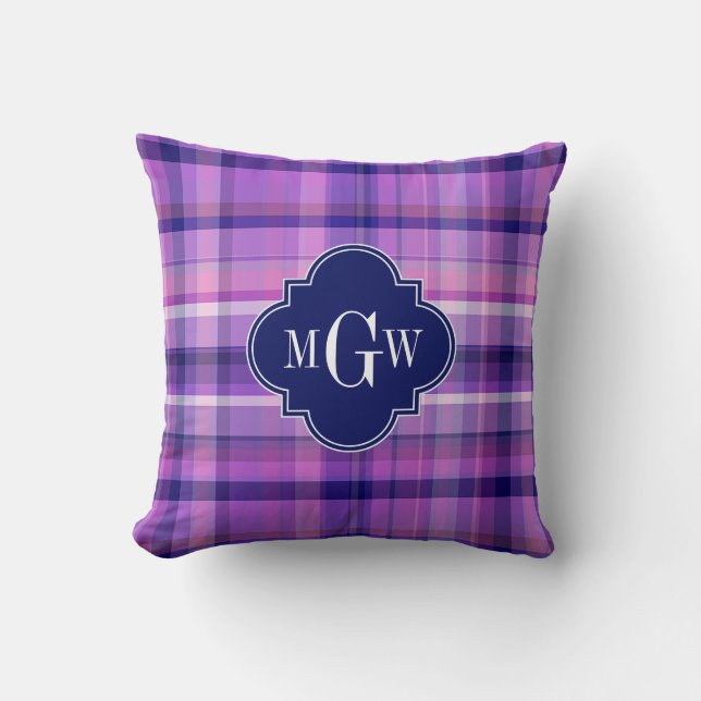 Amethyst Roze Marine Witte Preppy Madras Monogram Kussen (Voorkant)