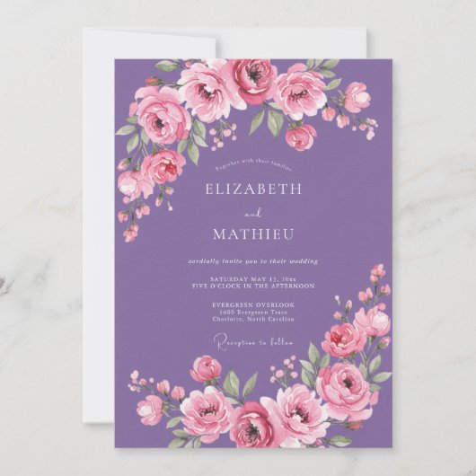 Amethyst Roze Waterverf Bloemige Bruiloft Kaart (Voorkant)
