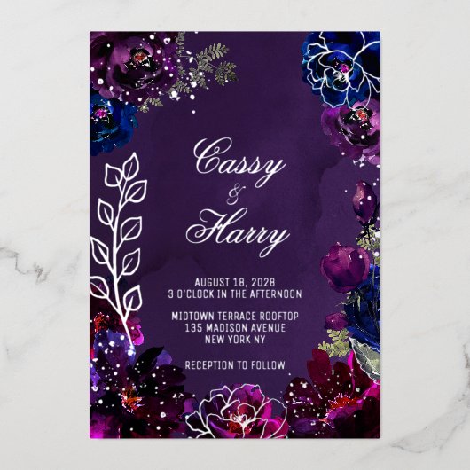 Amethyst Saffier Edelsteen Tinten Achternamen Trou Folie Uitnodiging (Voorkant)