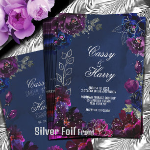 Amethyst Saffier Navy Juweeltonen Trouwfeest Folie Uitnodiging