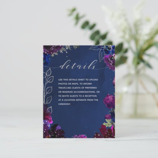 Amethyst Sapphire Navy Jewel Tone Wedding Details Informatiekaartje (Staand voorkant)