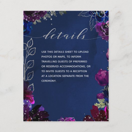 Amethyst Sapphire Navy Jewel Tone Wedding Details Informatiekaartje (Voorkant)