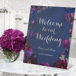 Amethyst Sapphire Navy Jewel Tone Wedding Welcome Reclamebord Met Voetstuk