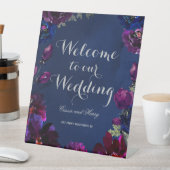 Amethyst Sapphire Navy Jewel Tone Wedding Welcome Reclamebord Met Voetstuk (Insitu)