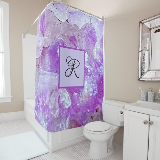 Amethyst Sparkles Paars Quartz Gemstone Monogram Douchegordijn (In situ)