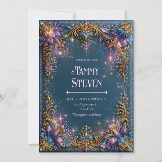 Amethyst Starlight Filigree Bruiloft Kaart (Voorkant)