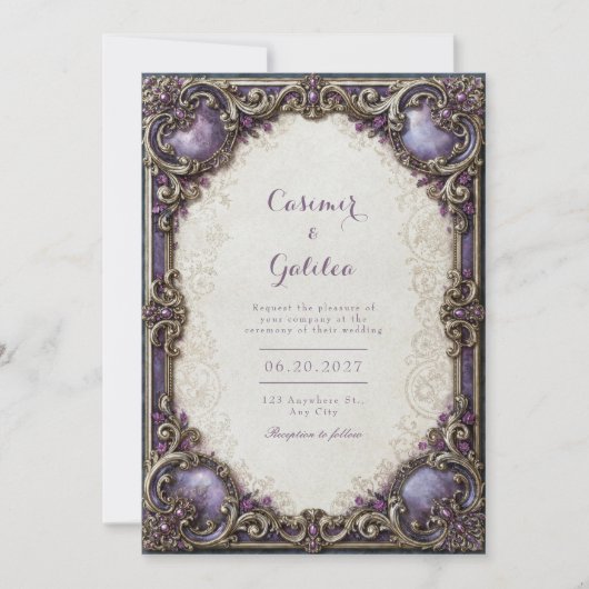 Amethyst Vergulde Rolwerk Bruiloft Kaart (Voorkant)
