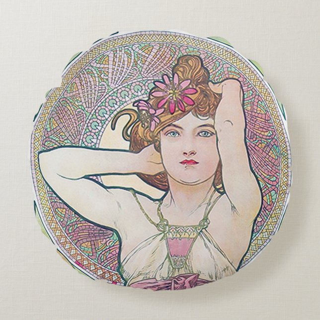 Amethyst (vier juwelen), Alphonse Mucha Throw Pill Rond Kussen (Voorkant)