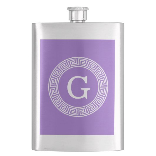 Amethyst Wat Grieks Sleutel RND Lijst Initiaal Mon Heupfles (Voorkant)