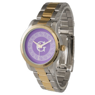 Amethyst Wat Grieks Sleutel RND Lijst Initiaal Mon Horloge