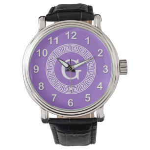 Amethyst Wat Grieks Sleutel RND Lijst Initiaal Mon Horloge