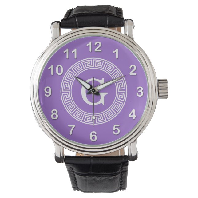 Amethyst Wat Grieks Sleutel RND Lijst Initiaal Mon Horloge (Voorkant)