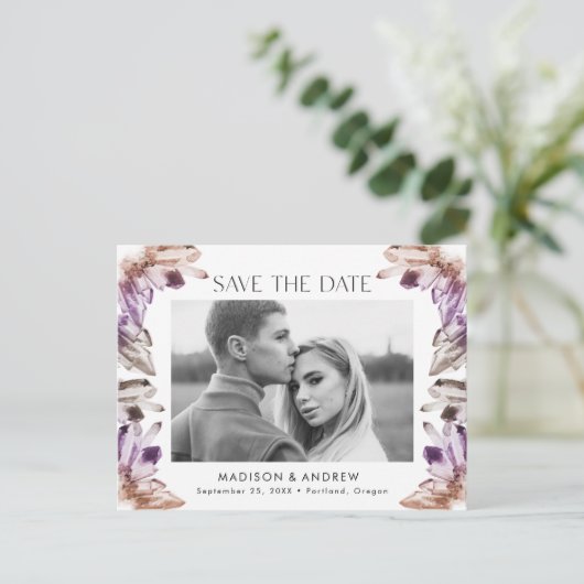 Amethyst Waterverf Crystal Photo Save the Date Aankondigingskaart (Staand voorkant)