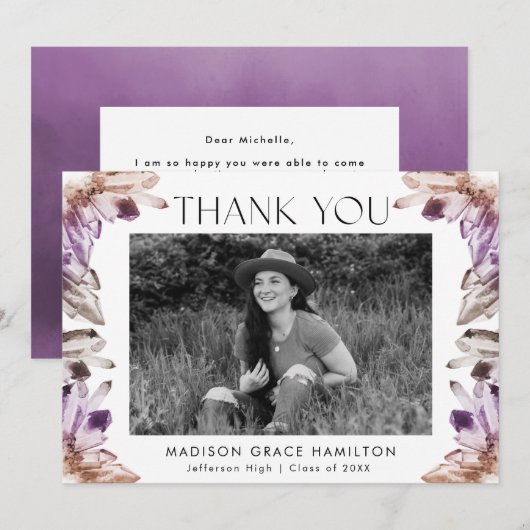 Amethyst Waterverf Kristallen Foto Afstuderen Bedankkaart (Voorkant / Achterkant)