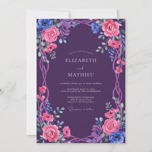 Amethyst Whimsical Bloom Bruiloft Kaart (Voorkant)