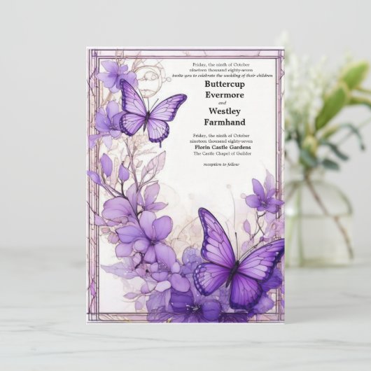 Amethyst Wings bruiloft uitnodiging (Staand voorkant)