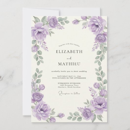 Amethyst Zilver Ranunculus Eucalyptus Bruiloft Kaart (Voorkant)