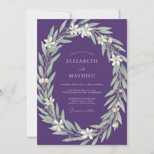 Amethyst Zilveren Loof Eucalyptus Bruiloft Kaart (Voorkant)