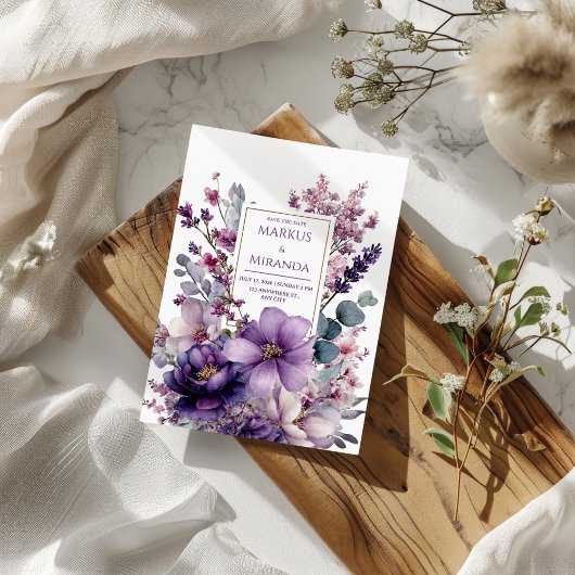 Amethystentuin Paarse en Roze Bloemige Bruiloft Kaart