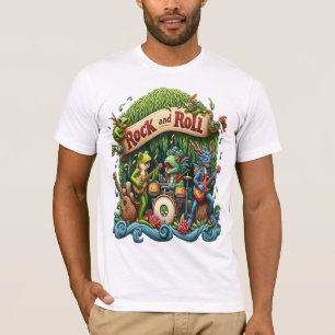 Amfibische band jammen in een moeras met gitaren t-shirt