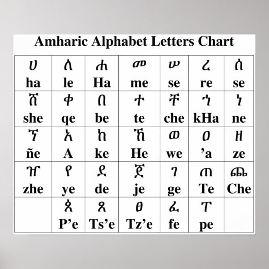 Amharic Alphabet Letters Chart - Poster van 33 gra (Voorkant)
