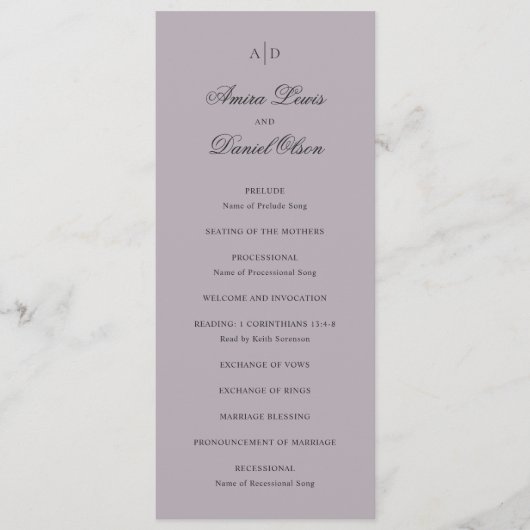 Amira Dusty Lila Elegant Wedding Programmakaart (Voorkant)