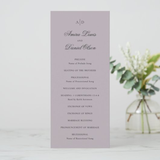 Amira Dusty Lila Elegant Wedding Programmakaart (Staand voorkant)