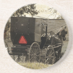 Amish Horse and Buggy Sepia Briefkaart Digital Art Zandsteen Onderzetter