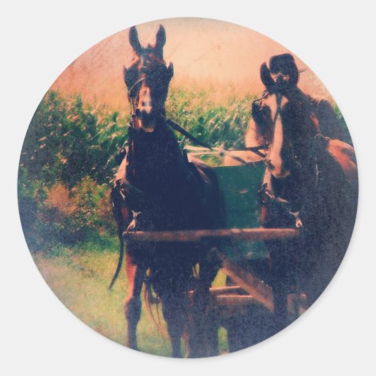 Amish Horse Team Ronde Sticker (Voorkant)