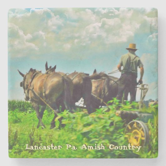 Amish Onderzetters, Amish Farmer en Paarden! Stenen Onderzetter (Voorkant)