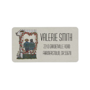 Amish paar op veranda schommel etiket