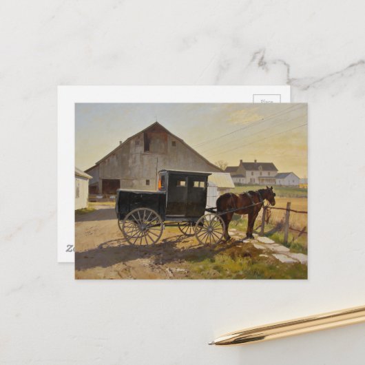 Amish paard-en-buggy-schilderij briefkaart (Voorkant / Achterkant in situ)