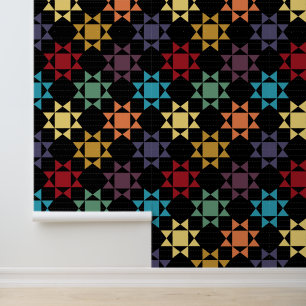 Amish Quilt Print Heldere kleuren op zwart Behang