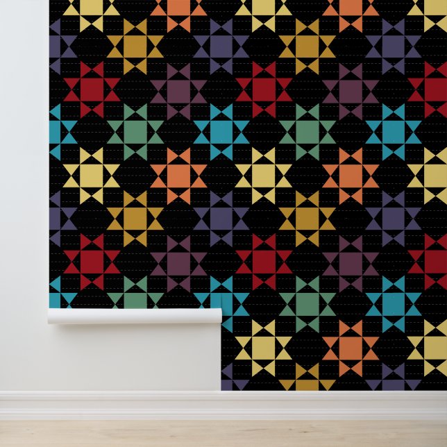 Amish Quilt Print Heldere kleuren op zwart Behang (Applicatie)