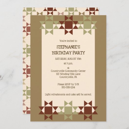 Amish Quilt Print Quilten Thema Custom Party Inv Kaart (Voorkant / Achterkant)