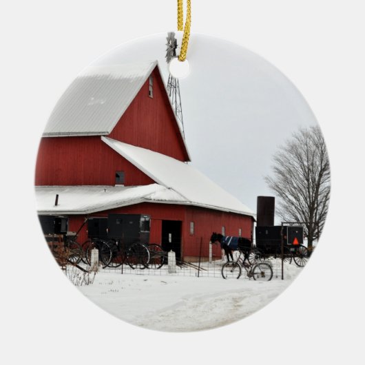 Amish Red Barn kerstversiering Keramisch Ornament (Voorkant)