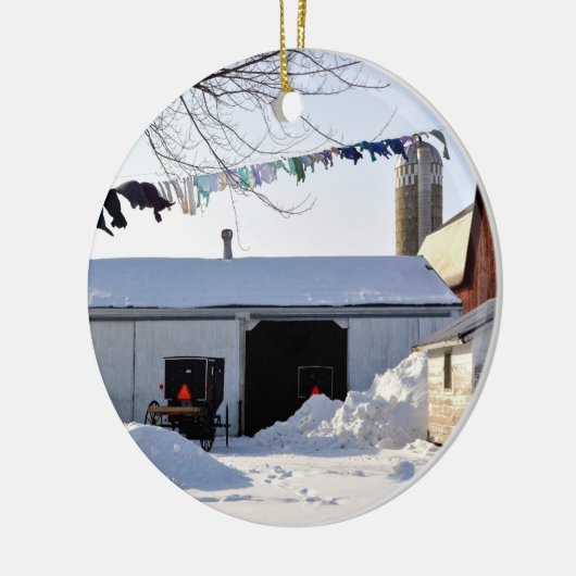 Amish Snowy Barnyard kerstversiering Keramisch Ornament (Links)